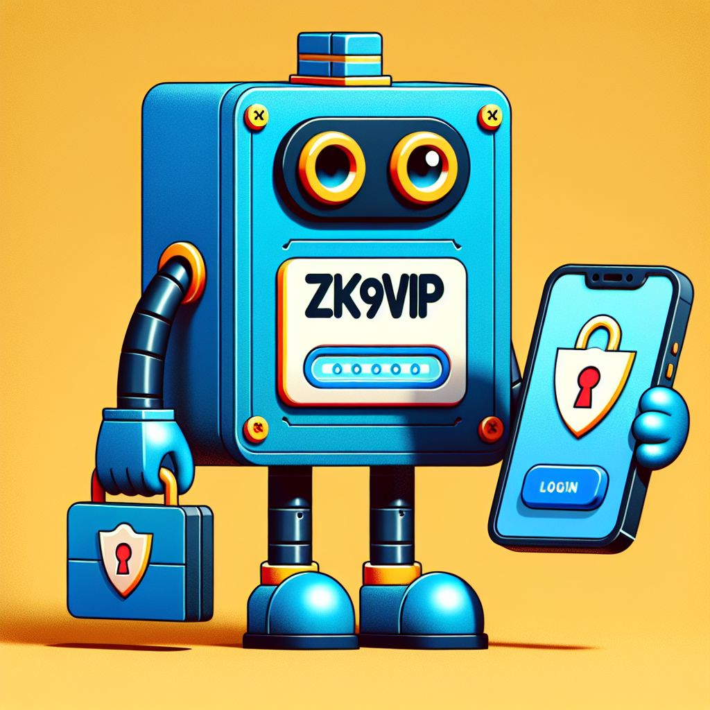 ZK9vip branded cartoon character holding a phone with a login screen and security icons
