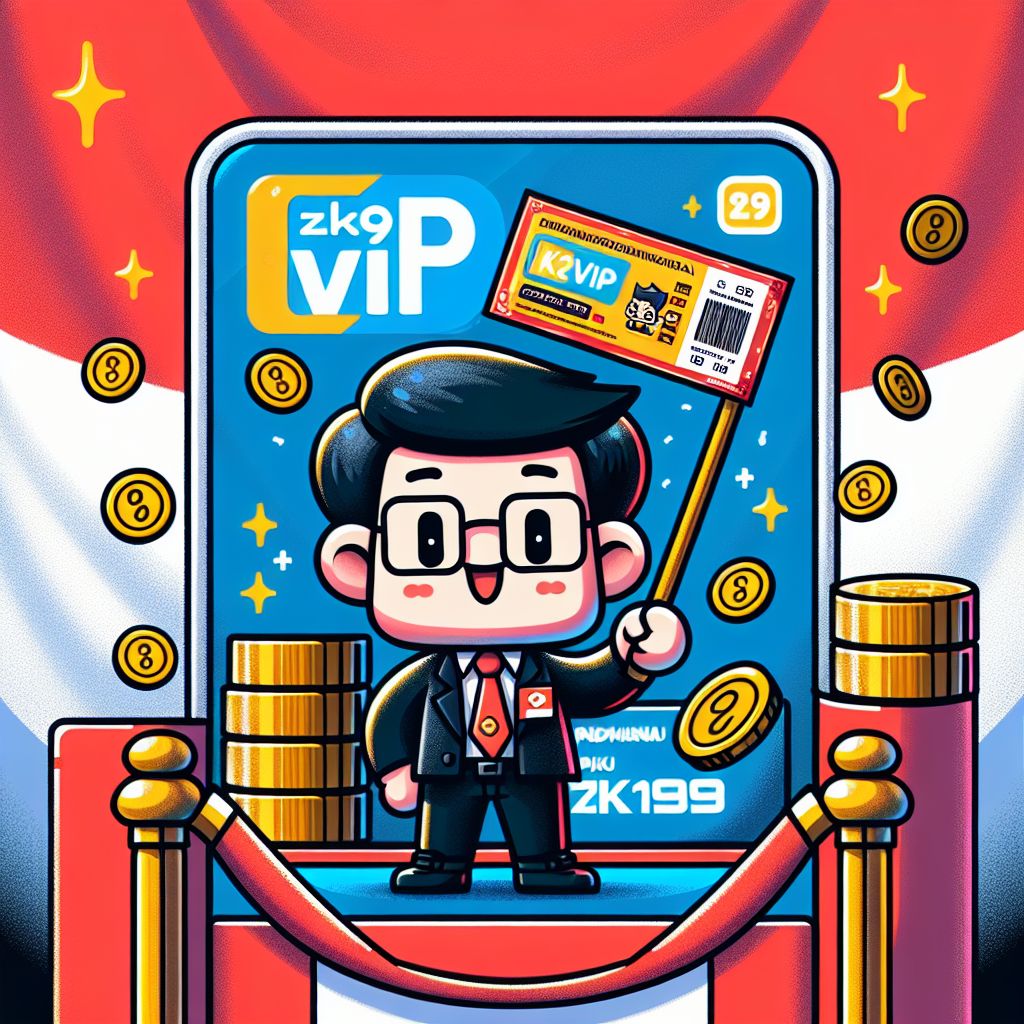 Karakter kartun ZK9vip dengan koin bonus dan tiket promo, nama merek terlihat