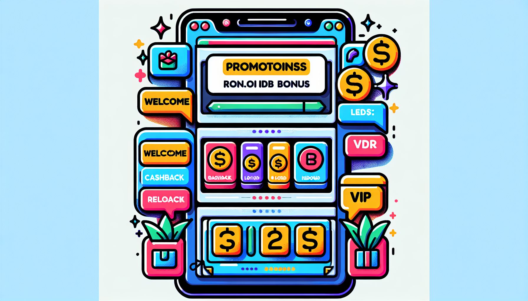 Spanduk promosi lebar yang menunjukkan aturan bonus, cashback, dan hadiah VIP di layar ponsel