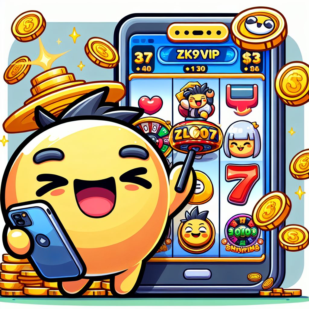 ZK9vip branded cartoon character with slot symbols and coins, celebrating a win
